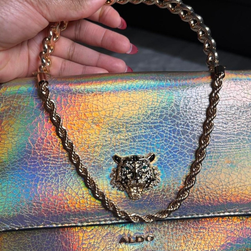 Aldo Iridescent Rainbow Crackle Texture Tiger Head Handbag Gold Chain Handle